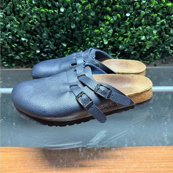 Birki’S Shoes - Women's Birki’s Navy Leather Clog Mules with Buckle Straps